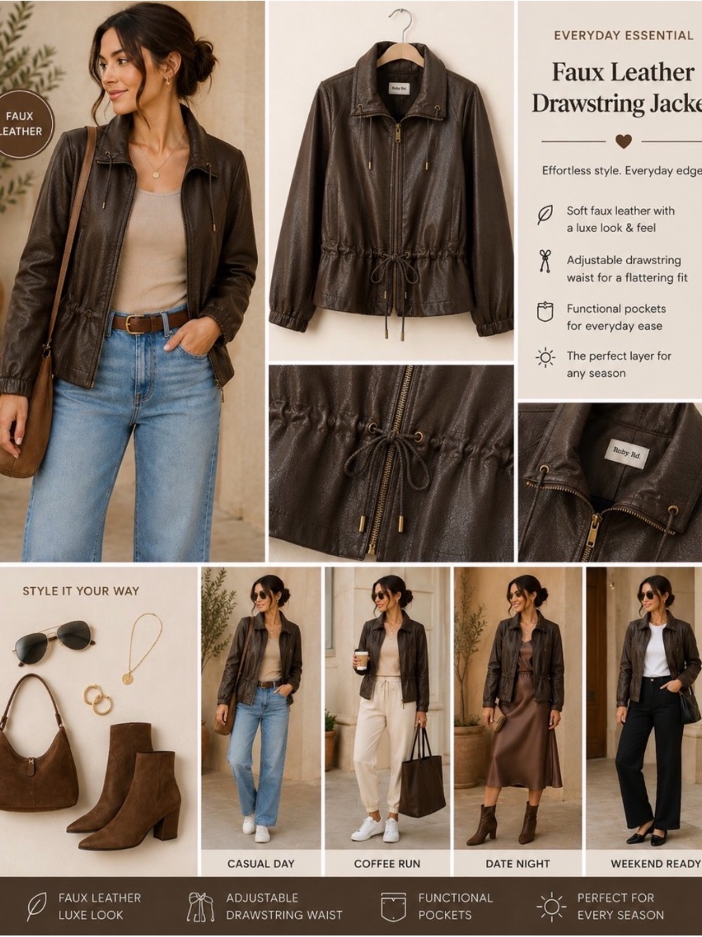 Ruby Rd. Dark Brown Textured Leather Drawstring Jacket